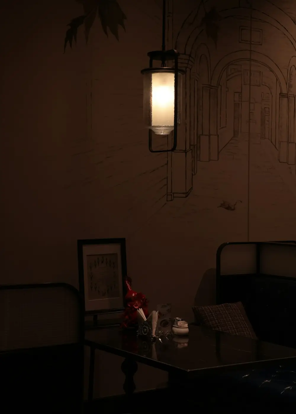 Warmly lit dining room at night